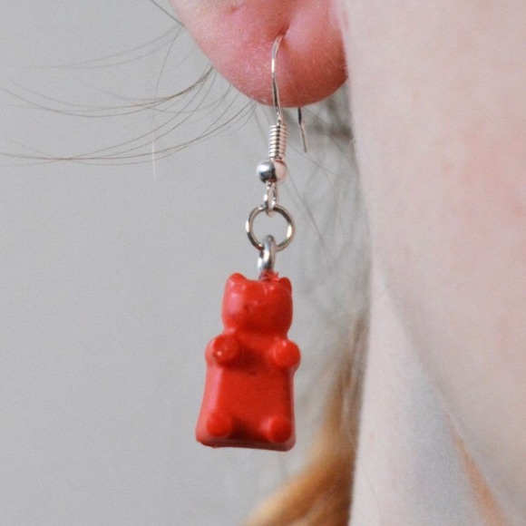 Handmade Red Recycled Plastic Gummy Bear Earrings - Picture 3 of 4